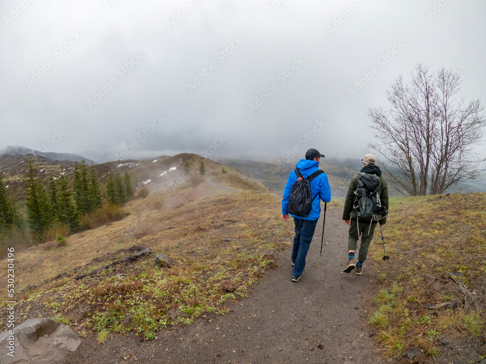 Adventurous athletic male hikers, hiking along a trail in early spring on a cloudy day in the Pacific Northwest.
