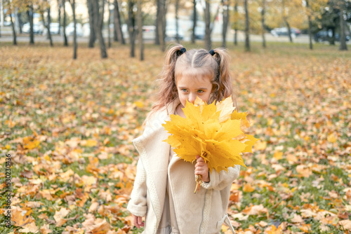 smiling happy little child girl in coat and dress holding autumn leaves  having fun in fall forest