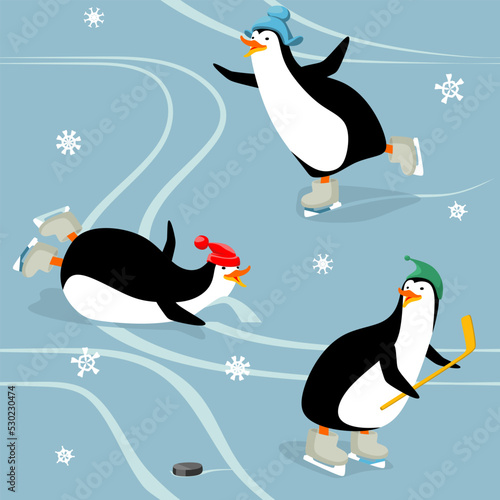 funny happy penguins are skating on ice. trendy seamless pattern