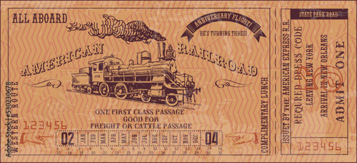 vector image of old vintage american western rail train ticket	