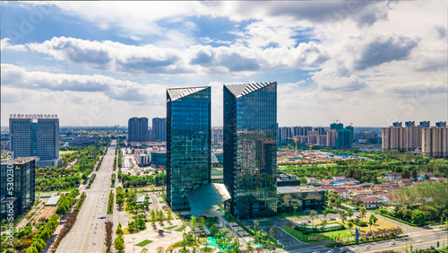 Aerial photography of buildings in Dongtai High-tech Industrial Development Zone, Yancheng City, Jiangsu Province, China - Kechuang Building, Wangkun Grand Theater, Customs Building, Internet Building