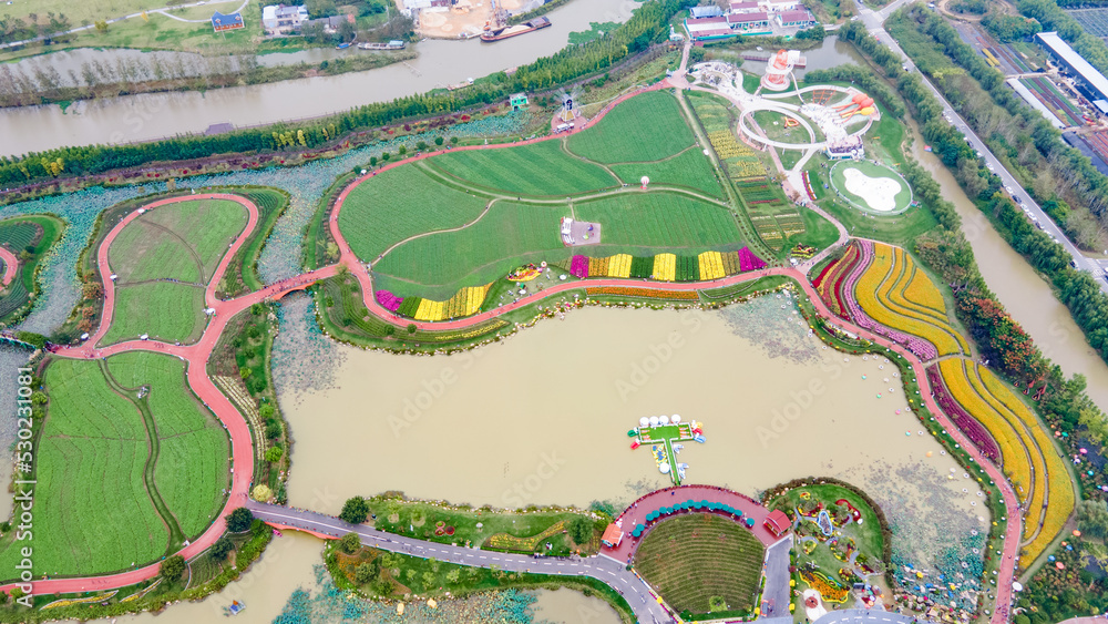 Aerial photography of Holland Flower Sea Scenic Area, Dafeng District, Yancheng City, Jiangsu Province, China