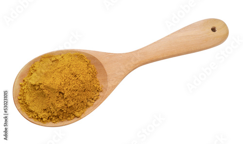 Turmeric Powder on wooden spoon and wooden Bowl on white background, Curry Powder isolated on white background With clipping path.