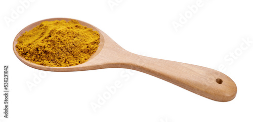 Turmeric Powder on wooden spoon and wooden Bowl on white background, Curry Powder isolated on white background PNg file.