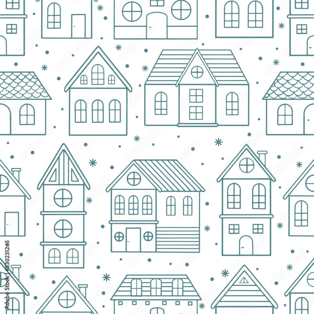 Seamless pattern with Christmas houses and Christmas tree. Great for fabric, textile vector illustration Seamless pattern with Christmas houses and Christmas tree. Great for fabric, textile vector illustration