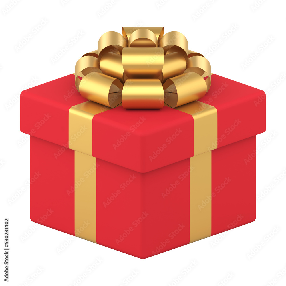 Red holiday box for christmas. Realistic package with golden festive ribbon and bow Red holiday box for christmas. Realistic package with golden festive ribbon and bow