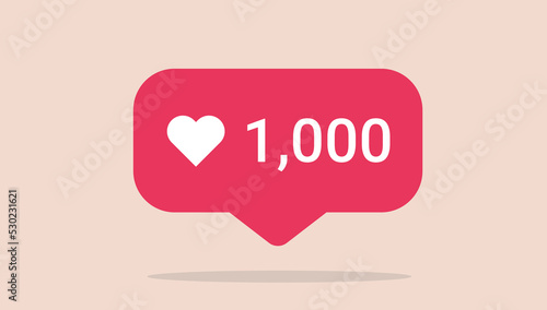 Social media symbol with 1000 likes in red colour and heart symbol. Flat design vector illustration