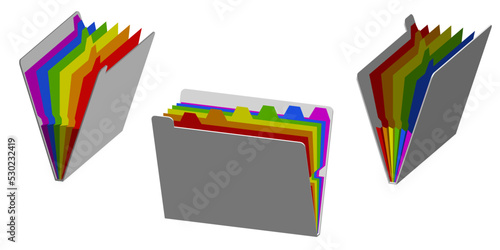Opened colorful file folder. 3d Vector illustration. Dimetric projection.