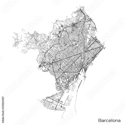 Barcelona city map with roads and streets, Spain. Vector outline illustration.