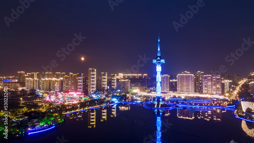 Aerial photography of Julong Lake Park  Cultural and Art Center  and  Jing of Yancheng  Radio and TV Tower in Yandu District  Yancheng City  Jiangsu Province  China