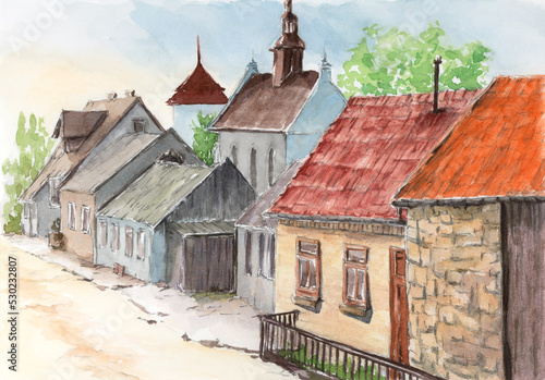 Street into village. Watercolor on paper.