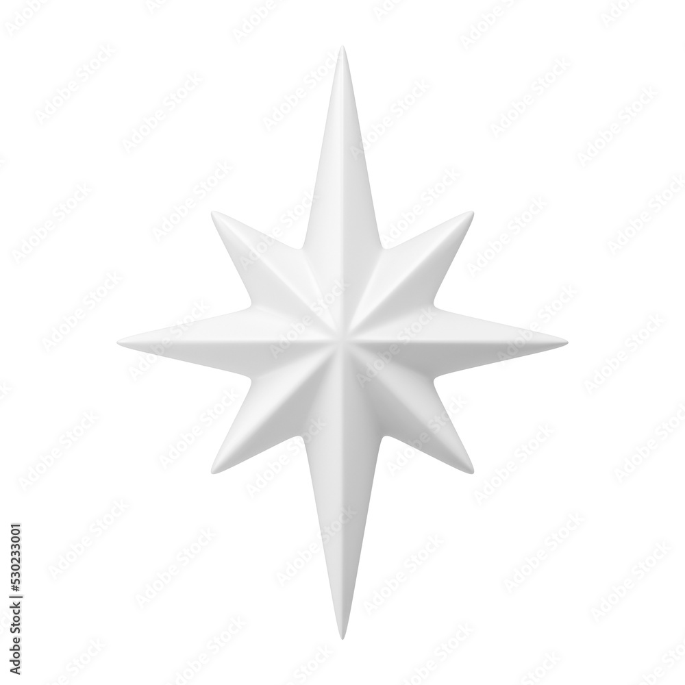 White stylized polar star 3d. Colorful symbol of holiday with outstretched rays White stylized polar star 3d. Colorful symbol of holiday with outstretched rays