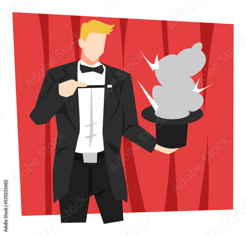 illustration of a handsome magician performing on stage. smoky magic hat. magic wand. magic concept, trick, profession, show, entertainment, etc. flat vector