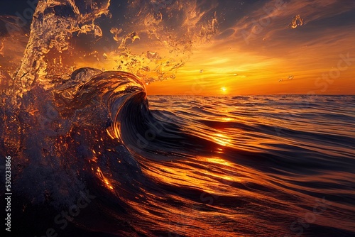 illustration sunset between a wave in the sea