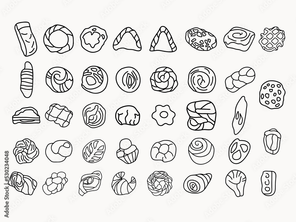 hand drawn bread outline icon set. bakery collection of simple outline signs. fresh baking symbol in line art style. isolated on white concept vector illustration