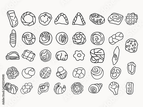 hand drawn bread outline icon set. bakery collection of simple outline signs. fresh baking symbol in line art style. isolated on white concept vector illustration