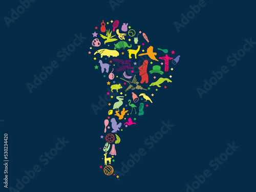 south America with landmarks. South America colorful cartoon doodle vector illustration
