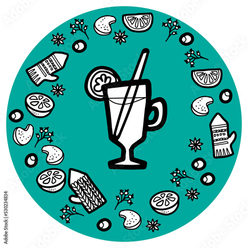 Hand drawn glass of mulled wine with ingredients. Set of mulled wine, fruit and spices. Doodle outline vector illustration.