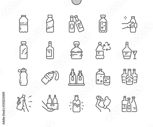 Different bottles. Steel bottle. Wine shop. Bottle recycle. Pixel Perfect Vector Thin Line Icons. Simple Minimal Pictogram