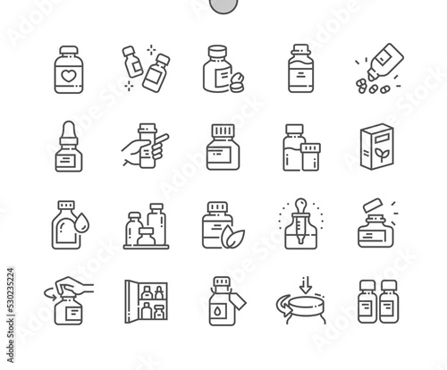 Medicine bottles. Pharmacy products. Health care and medical. Open bottle. Pixel Perfect Vector Thin Line Icons. Simple Minimal Pictogram