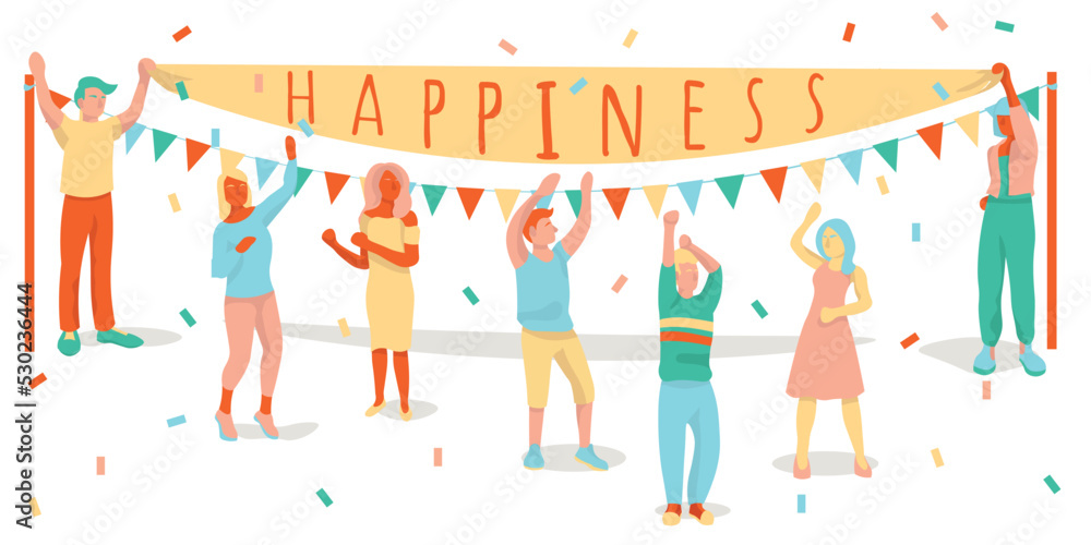 Group of dancing people with word HAPPINESS on white background