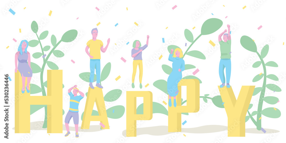 Group of dancing people with word HAPPY on white background Group of dancing people with word HAPPY on white background