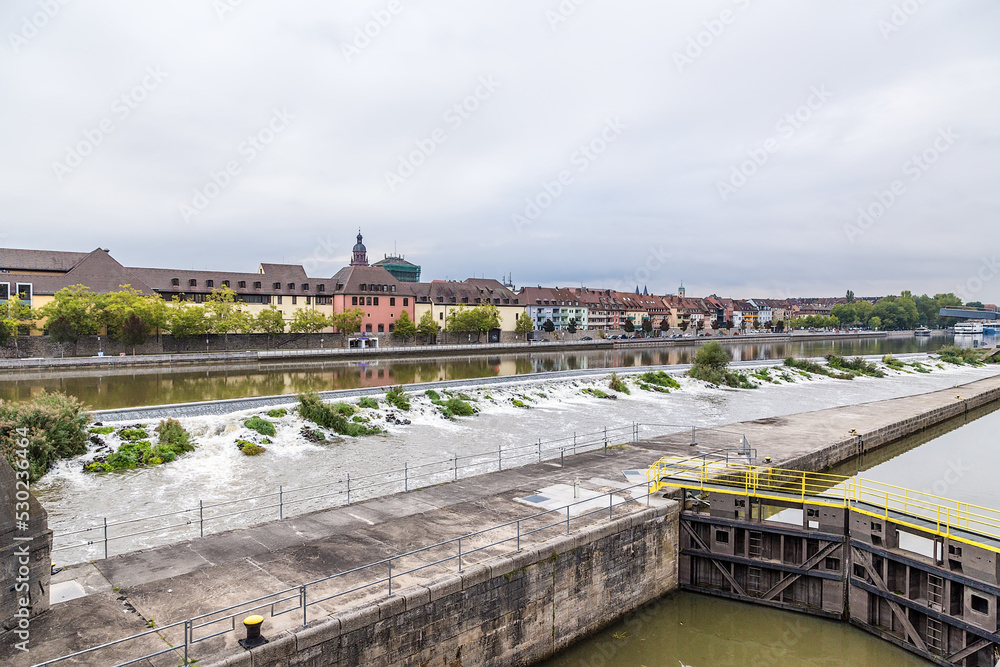 Würzburg, Germany. Lifting dam and lock on the river Main
