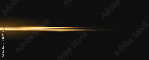 Gold horizontal lens flares pack. Laser beams, horizontal light rays. Glow transparent vector light effect set, explosion, shine, spark, solar flare.