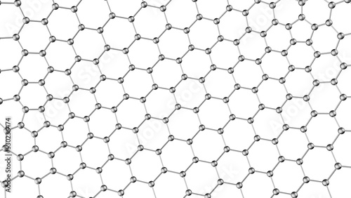 Spheres shredded into fine hexagonal atoms of metallic silver under white background. Concept 3D CG of high-precision strength analysis, blockchain information technology and social human relations.