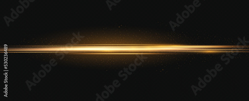 Gold horizontal lens flares pack. Laser beams, horizontal light rays. Glow transparent vector light effect set, explosion, shine, spark, solar flare.