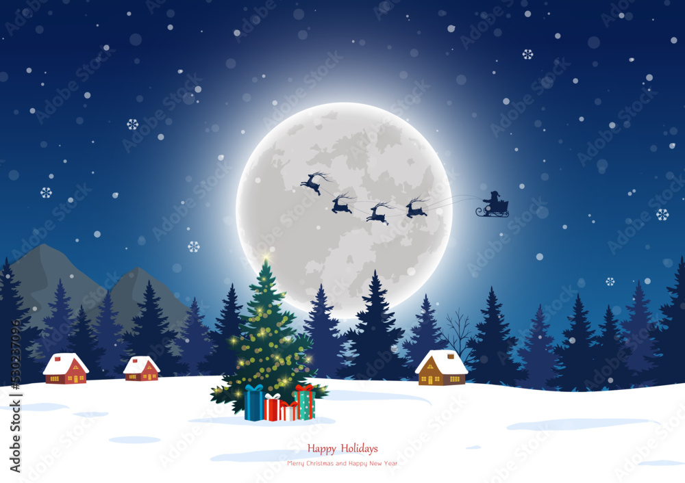 Naklejka premium Merry Christmas and Happy new year greeting card with Santa Claus and full moon on winter night