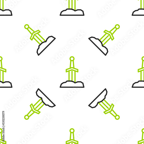 Line Sword in the stone icon isolated seamless pattern on white background. Excalibur the sword in the stone from the Arthurian legends. Vector