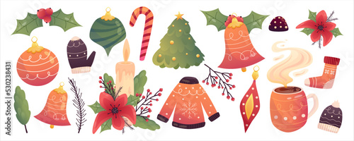 Hygge cozy christmas set with sweater, toy, tree and candle. Cartoon flat vector illustration. Isolated vector illustration. Holiday xmas decor. Christmas cozy elements.