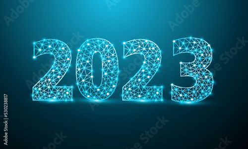 Technology concept 2023 new year text design with mesh stylish alphabet letters numbers, Graphic background communication structure with connected dots lines, Vector illustration