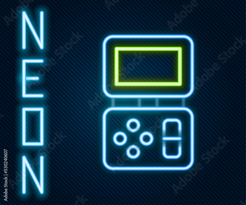 Glowing neon line Portable tetris electronic game icon isolated on black background. Vintage style pocket brick game. Interactive playing device. Colorful outline concept. Vector