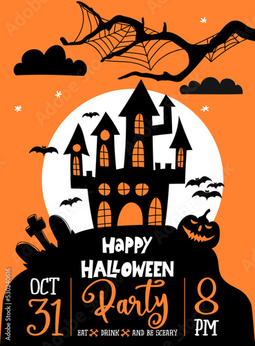 Tablou pe pânză Happy Halloween party - poster with graveyard and pumpkin in dark style