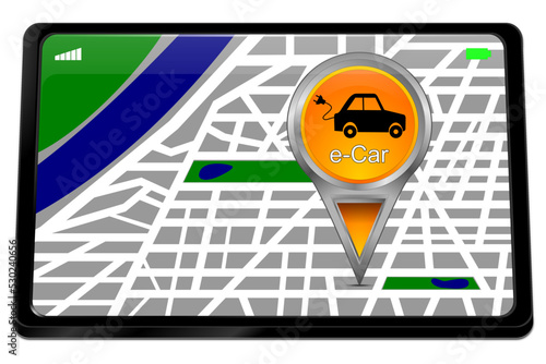 Tablet computer with e-Car Map Pointer - 3D illustration