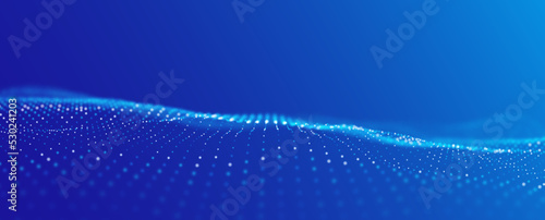 Wave of blue particles. Abstract technology flow background. Sound mesh pattern or grid landscape. Digital data structure consist dot elements. Future vector illustration.