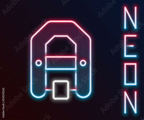 Glowing neon line Rafting boat icon isolated on black background. Inflatable boat with paddles. Water sports, extreme sports, holiday, vacation. Colorful outline concept. Vector