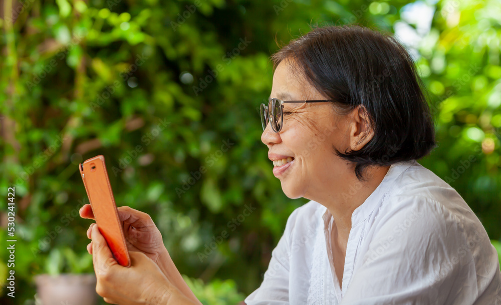 Asian elderly woman Greetings on social media Asian elderly woman Greetings on social media