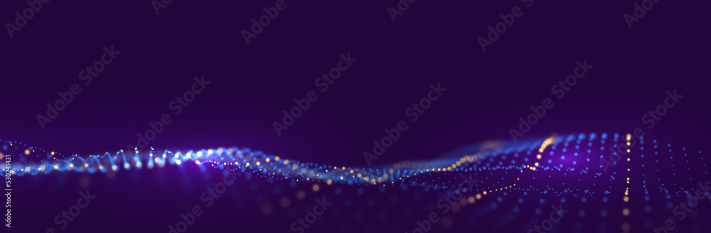Dynamic blue and purple dot landscape. Abstract digital wave background. Network data structure. Point grid visualization. Technology vector illustration.