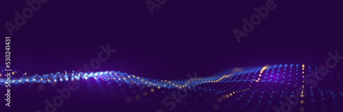 Dynamic blue and purple dot landscape. Abstract digital wave background. Network data structure. Point grid visualization. Technology vector illustration.