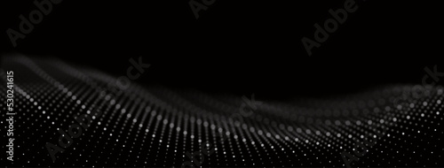 Dynamic white particle wave. Abstract sound visualization. Flow digital structure. Mesh landscape or grid data technology.