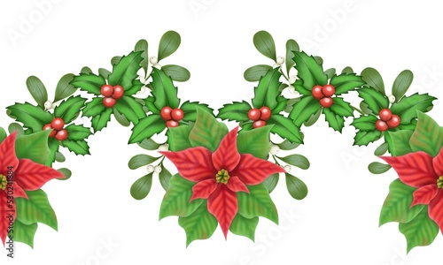 Christmas decorative seamless boarder with poinsettia, holly leaves and mistletoe. Digitally drawn elements.