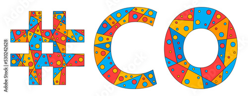 CO Hashtag. Mosaic isolated text. Letters from pieces of triangles, polygons and bubbles. #CO is abbreviation for the US American state Colorado for print, clothing, t-shirt, poster, banner, flyer.