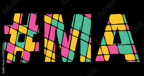 MA Hashtag. Tricolor isolated letters from contrast flowing fluid shapes. 3 colored Hashtag #MA is abbreviation for the US American state Massachusetts for social network, web resources, mobile app