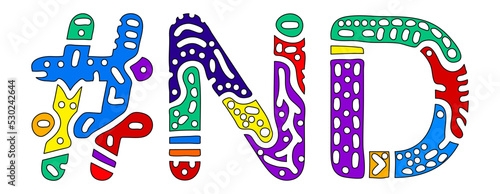 ND Hashtag. Multicolored bright isolate curves doodle letters. Hashtag #ND is abbreviation for the US American state North Dakota for social network, web resources, mobile apps.
