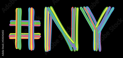 NY Hashtag. Multicolored bright isolate curves doodle letters like from marker, oil paint. #NY is abbreviation for the USA state New York for social network, web resources, mobile apps.