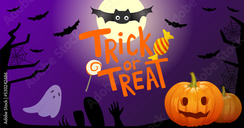 Halloween trick or treat banner design. Banner for social media post, flyer or poster. Trick or treat with candy, pumpkin and bats on dark violet background. Spooky vector illustration.
