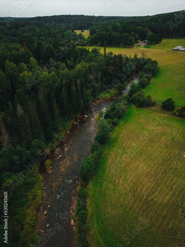 Aerial view on Amata river in Latvia, fast natioanl park river photo